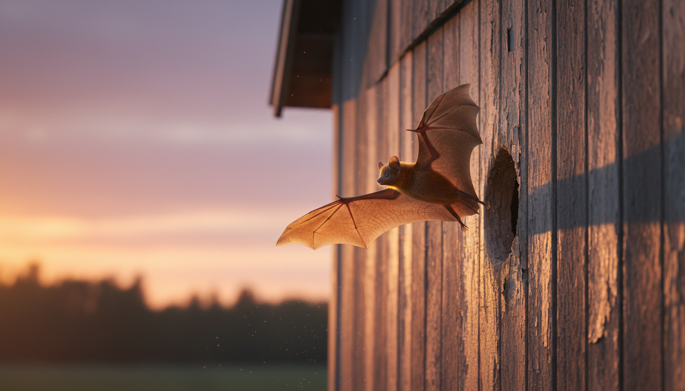 A brown bat in mid-flight, exiting an opening in a wooden barn at dusk
